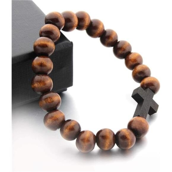 Wood Bead Cross Bracelet Men Women Religious Faith Prayer Handmade Jewelry - Picture 4 of 6